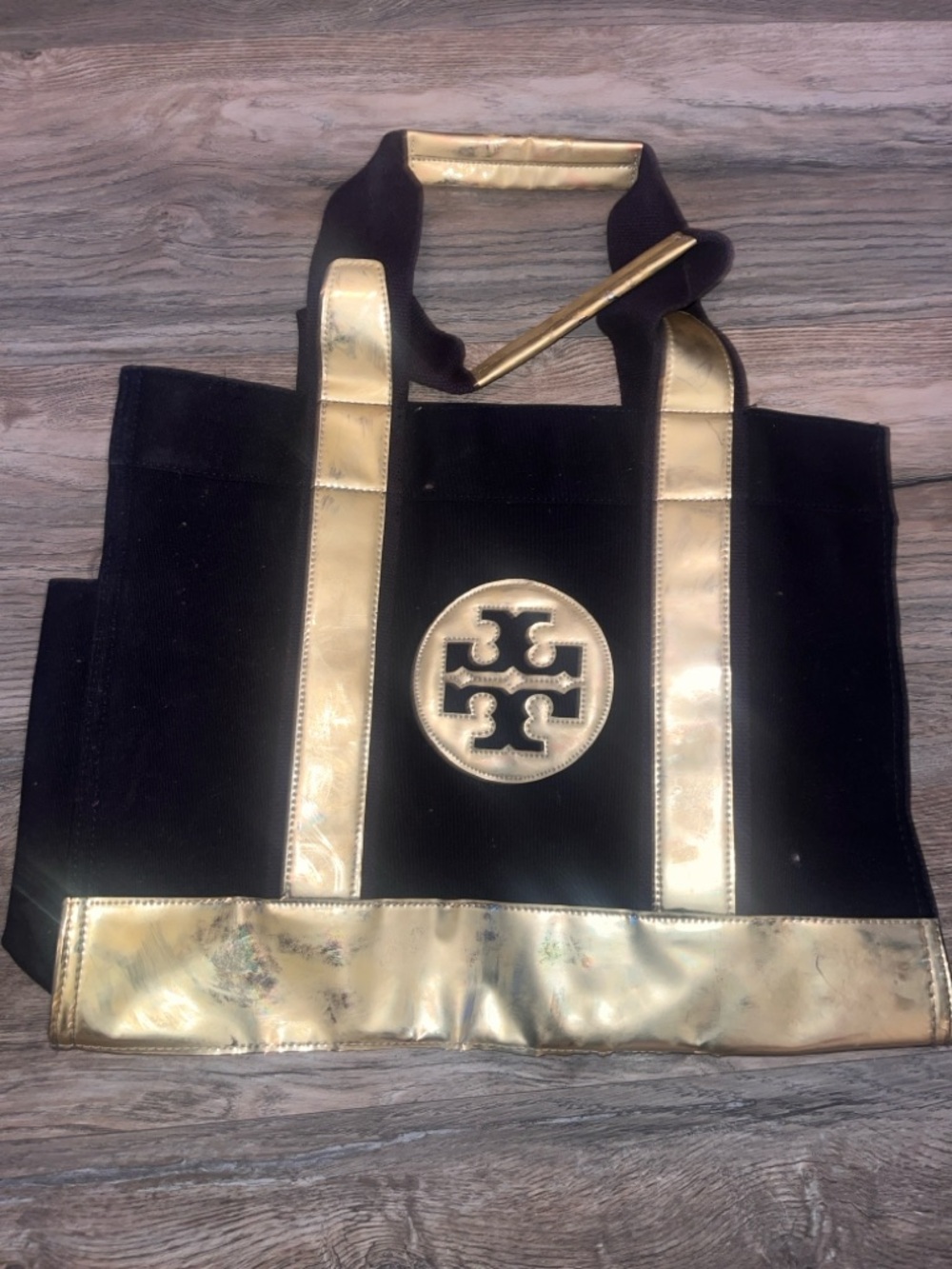 Tory Burch Black and Gold Canvas Tote with Logo